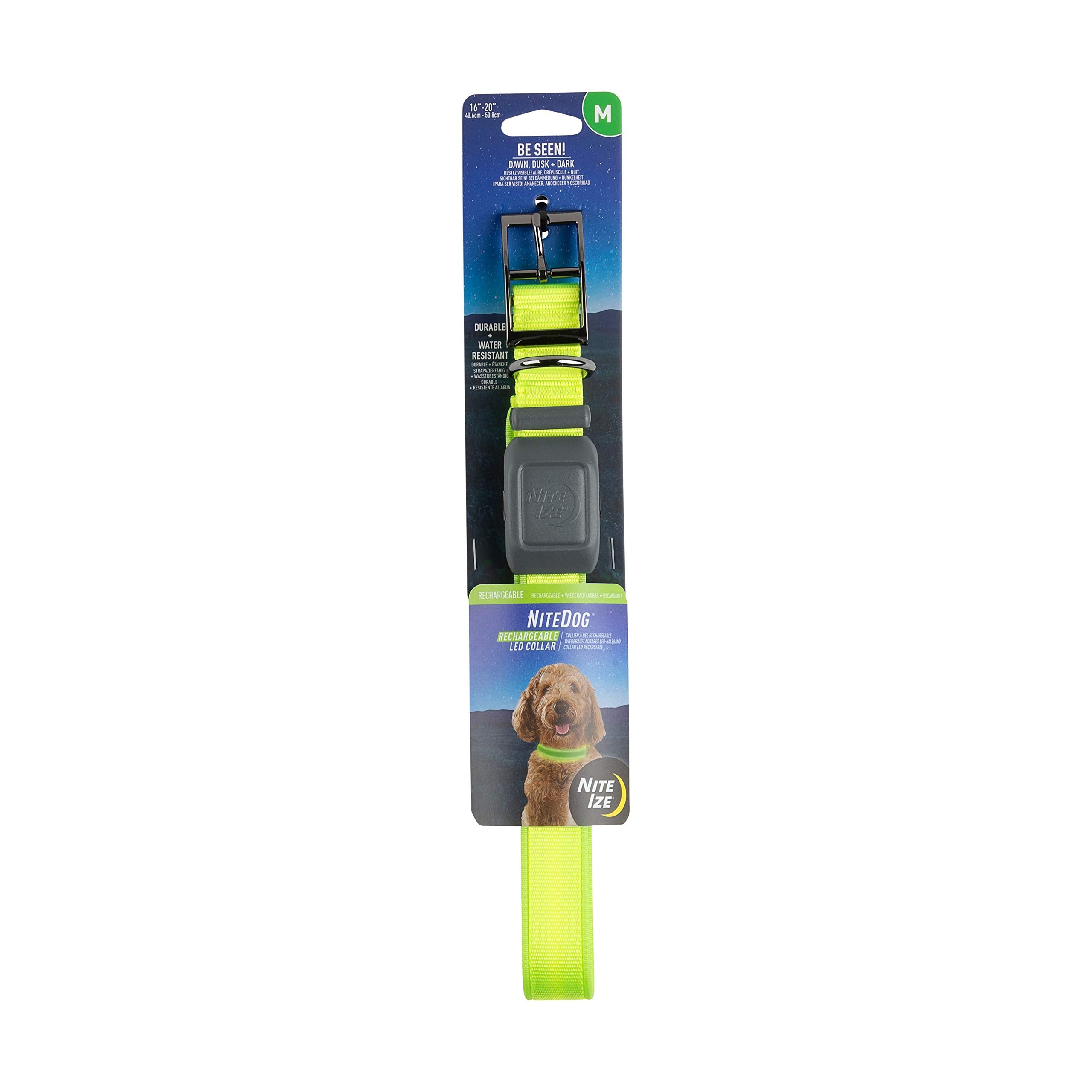 Nite Ize NiteDog Rechargeable LED Collar - Light Up Dog Collar with Durable Metal Buckle - Water-Resistant & Rechargeable Collar - Dog Supplies for Night Activities - Medium Lime