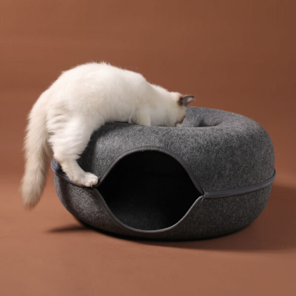 Four Seasons Available Cat Nest Round Woolen Felt Pet Dual-use Cat Nest Tunnel Interactive Training Toy Grey Felt Cat Nest - Image 3
