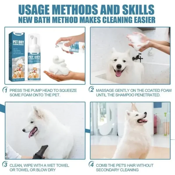 Waterless Cat Dog Shampoo No Rinse Dogs Cats Cleaning Mousse Pet Grooming Supplies for Safe Bathless Cleaning Odor Eliminator - Image 4