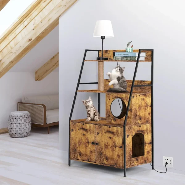 Cat Litter Box Enclosure with 2 Storage Shelves Enclosure Furniture with Charging Station,Cat Washroom with Cat Tree Tower - Image 2