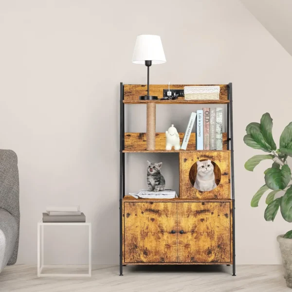 Cat Litter Box Enclosure with 2 Storage Shelves Enclosure Furniture with Charging Station,Cat Washroom with Cat Tree Tower - Image 5
