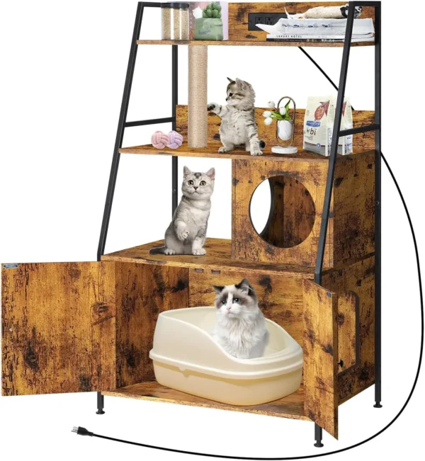 Cat Litter Box Enclosure with 2 Storage Shelves Enclosure Furniture with Charging Station,Cat Washroom with Cat Tree Tower - Image 6