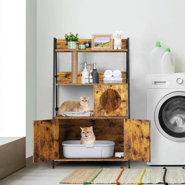 Cat Litter Box Enclosure with 2 Storage Shelves Enclosure Furniture with Charging Station,Cat Washroom with Cat Tree Tower - Image 3