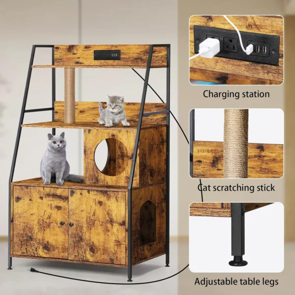 Cat Litter Box Enclosure with 2 Storage Shelves Enclosure Furniture with Charging Station,Cat Washroom with Cat Tree Tower - Image 4